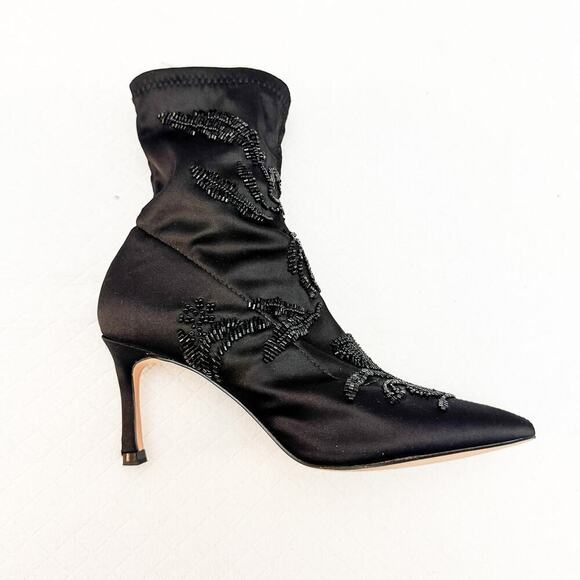 Zara Satin Embroidered Sequin Embellished Black Pointy Toe Booties Size 36 - Picture 4 of 5